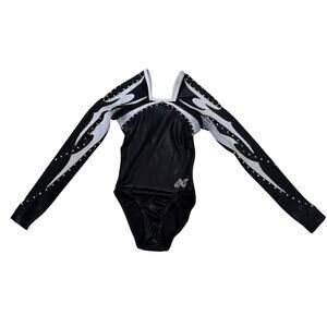 ALPHA FACTOR Black Silver Flames Rhinestone Leotard Size CME Medium Girls